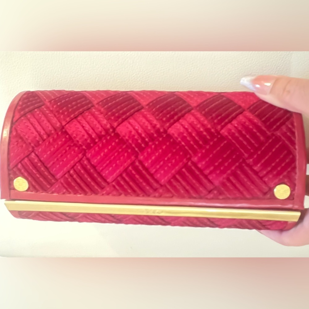 Cole Haan Deep Red Woven Clutch with Gold Accents